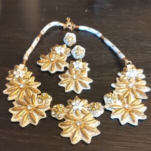 J Crew Blossom White & Gold Leather Necklace & Earrings